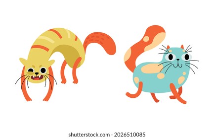 Cute Bright Whiskered Cat as Furry Domestic Pet Vector Set