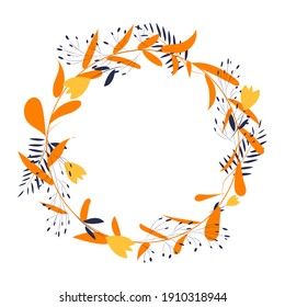 Cute bright wreath frame with flowers and branches in orange tones. Botanical floral design element in vector for invitations, postcards, posters.
