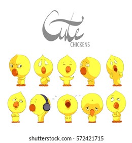 Cute bright yellow chickens set