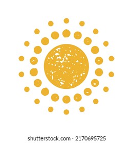 Cute bright yellow circle sun with rounded pint abstract rays hand drawn grunge texture vector illustration. Beautiful lighting solar summertime element with decorative shine beams isolated on white