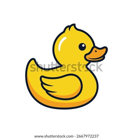A cute, bright yellow rubber duck illustrated in a cartoon style with a thick dark outline, orange beak, and a small wing. A white highlight adds a shiny effect.