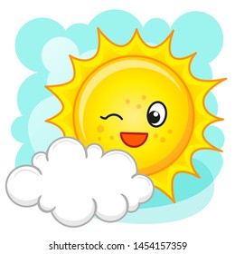 Cute bright yellow sun with a joyful smile and freckles shines in the sky between the clouds.
Vector cartoon illustration of bright colors.
For the design of children's fabric, wallpaper, books