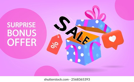 A cute, brightly colored gift box. The box is open. symbolic Special discounts during the gift giving festival , boxing days and flash sale. Vector, Flat design and illustration.