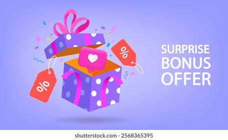 A cute, brightly colored gift box. The box is open. symbolic Special discounts during the gift giving festival , boxing days and flash sale. Vector, Flat design and illustration.