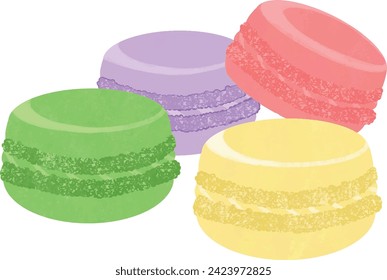 Frische, helle Macaron-Desserts Gemütliche Bäckerei-Illustration zum Dekorieren von Cafés, Grußkarten, Drucke und Kunst. Flache Vektorgrafik.