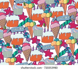 Cute brightly holiday seamless background. Hand drawn vector pattern with balloon, fireworks, candies, lollipops, cupcakes, ice creams, gift boxes, cocktails. Can use it for birthday party decoration.