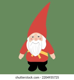 Cute bringing luck gnome in red coat and hat on green background
