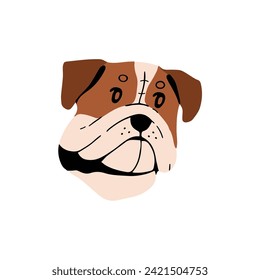 Cute British or English Bulldog muzzle. Happy Mastiff avatar. Boxer puppy snout. Guard dog face. Amusing doggy of large breed portrait. Funny canine pet. Flat isolated vector illustration on white