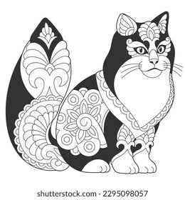 Cute British longhair cat design. Animal coloring page with mandala and zentangle ornaments