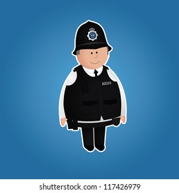 Cute british police officer character in everyday uniform. White border and blue background can be easily removed. EPS 10 file.