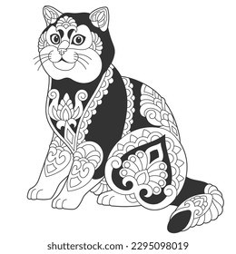 Cute British shorthair cat design. Animal coloring page with mandala and zentangle ornaments