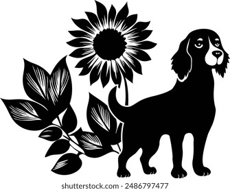 Cute Brittany Spaniel dog and flowers  silhouette icon isolated on white background