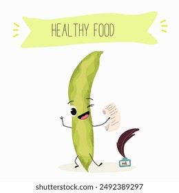 Cute broad beans, broad bean, raw, fava beans, fava bean, vicia faba with different activities, outdoor, sports,musical instrument. Organic food, healthy food.