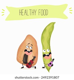 Cute broad beans, broad bean, raw, fava beans, fava bean, vicia faba with different activities, outdoor, sports,musical instrument. Organic food, healthy food.