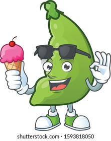 Cute Broad Beans Cartoon Character With Ice Cream