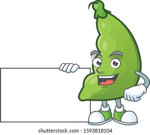 cute broad beans cartoon character with a board