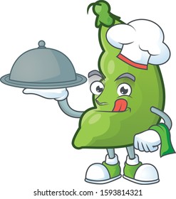 Cute broad beans as a Chef with hat and tray cartoon style design