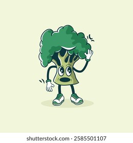 A cute broccoli cartoon character with arms and legs is depicted expressing surprise or shock.