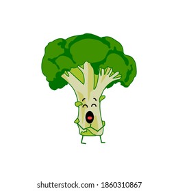 Cute broccoli cartoon character. Kawaii nutritious vitamin vegetable with surprised funny face. Natural vegetarian food emoticon. Healthy eating concept vector illustration on white background