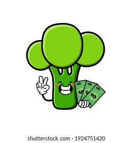 cute broccoli cartoon mascot character funny expression holding money with peace gesture