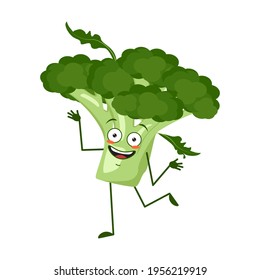 Cute broccoli character cheerful with emotions dancing, arms and legs. The funny or smile hero, green vegetable or cabbage. Vector flat illustration