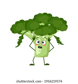 Cute broccoli character with emotions in a panic grabs his head, face, arms and legs. The funny or sad hero, green vegetable or cabbage. Vector flat illustration