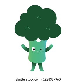 Cute broccoli character, green healthy eating for kids, kawaii cartoon vegetable creature with funny face expression, vector illustration isolated on white background