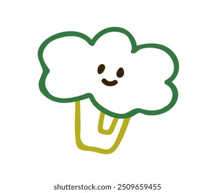 Personagem de brócolis bonito com sorriso feliz, elemento de design de bebê. Adorável divertida comida vegetal kawaii no estilo infantil divertido doodle. Ilustração vetorial plana infantil isolada sobre fundo branco