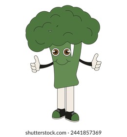 Cute Broccoli Character isolated on white background. Cauliflower Mascot in trendy Groovy flat style. Vector illustration can used apron print. EPS 10 Editable stroke