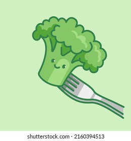 Carácter de brócoli lindo en el tenedor. Ilustración aislada del vector de dibujos animados.