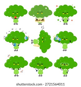 Cute broccoli character set showing emotions and actionshappy, sad, singing, sleeping, helping, listening to music and wearing glasseson a clean white background for kids and health designs