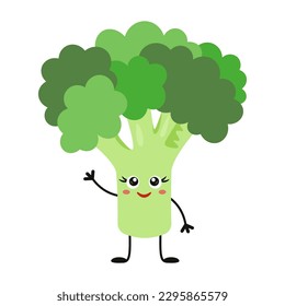 Cute broccoli character waving and smiling. Healthy eating or fresh organic vegetables theme. Vector illustration isolated on white background. 