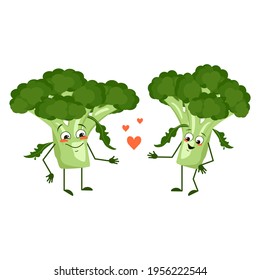 Cute broccoli characters with love emotions, face, arms and legs. The funny or happy heroes, green vegetable or cabbage fall in love. Vector flat illustration