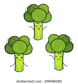 Cute broccoli characters. Vector set