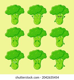Broccoli lindo con diferentes emociones. Vector aislado de diseño plano. Paquete de emoticonos de verduras.