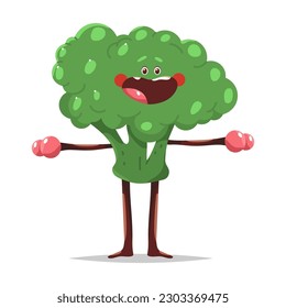 Cute broccoli doing fitness exercises vector cartoon vegetable character isolated on a white background.