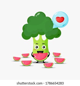 Cute broccoli eats watermelons vector