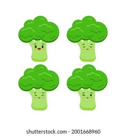 Cute broccoli funny cartoon vegetable food icon set isolated on white background. Character smile emoticon collection. Fresh green broccoli mascot flat vector illustration.