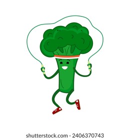 Cute broccoli jumping rope. Broccoli benefits for children. Healthy eating. Vegetarianism. Promotion of a healthy lifestyle. A cheerful vegetable. Vector flat illustration.
