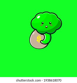 Cute broccoli mascot character illustration design hugging treasure