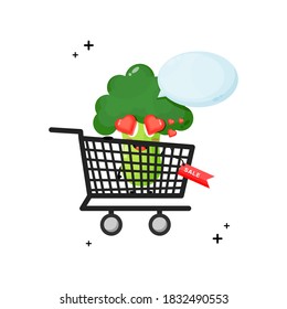 Cute broccoli mascot in the shopping cart