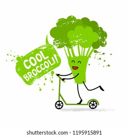 Cute broccoli on a kick scooter in cartoon style. Design for kids