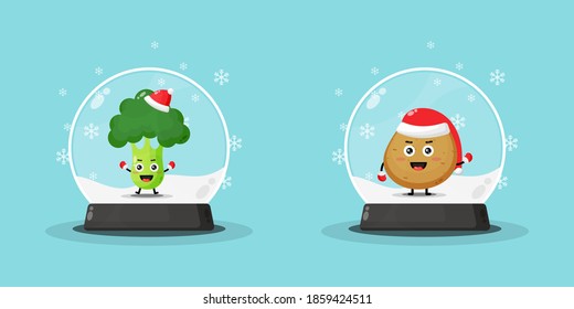 Cute broccoli and potato mascot on a snowglobe