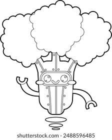 A cute broccoli robot with prominent blush and a big smile and a wave. A fun coloring page for the whole family.