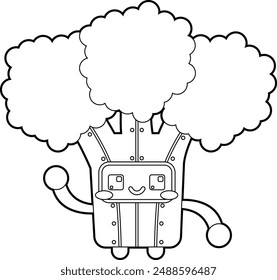 A cute broccoli robot with prominent blush and a big smile and a wave. A fun coloring page for the whole family.