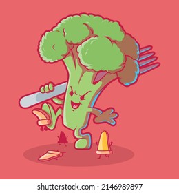 Cute Broccoli smashing pizza slices vector illustration. Food, vegetable, funny design concept.