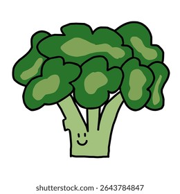 Cute broccoli with a smiling face in kawaii style. Perfect for kids' books, healthy food posters, stickers, and educational content. Fun veggie art for cheerful, family-friendly designs.