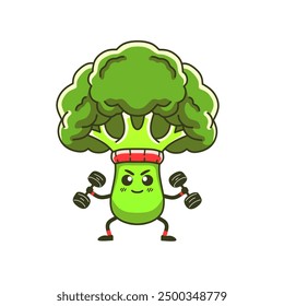 Cute broccoli sports lifting barbell cartoon illustration. Hand drawn design about healthy lifestyle, weightlifting, gym, white background