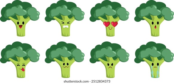 
Cute Broccoli Vector Character with Different Expressions. Adorable vegetable mascot with various faces and emotions 
