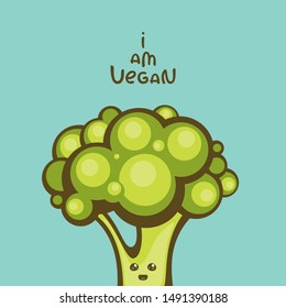 Cute broccoli vector illustration with "I am vegan" lettering. Template for raw vegetarian menu and funny card.